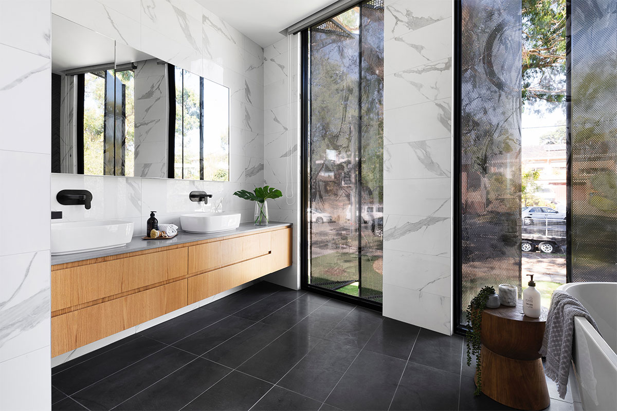 Bathroom décor with black glass